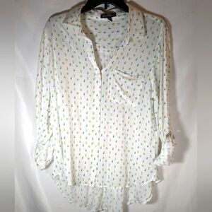 Velvet Heart White Button Down Collared V-Neck Shirt With Cactus Prints Size Med
